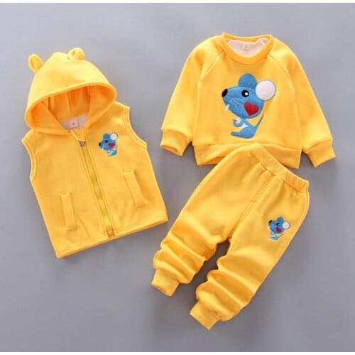1-4 Year Baby Winter Children Clothes Set Girls Kids Cartoon Mouse Thick Fleece Hooded Vest Pants 3pcs Suit For Boys Warm Outfit