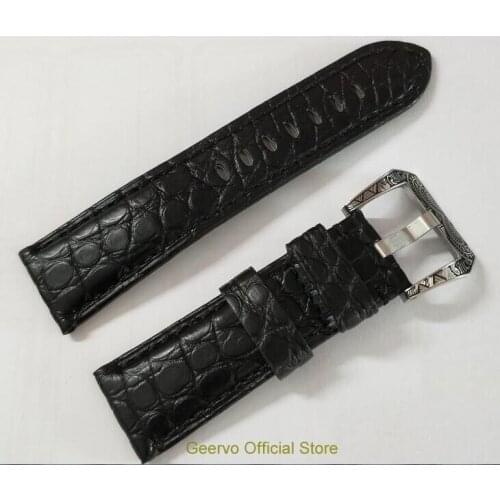 24mm Watch band strap black crocodile Genuine leather carving pattern watch buckle 12A
