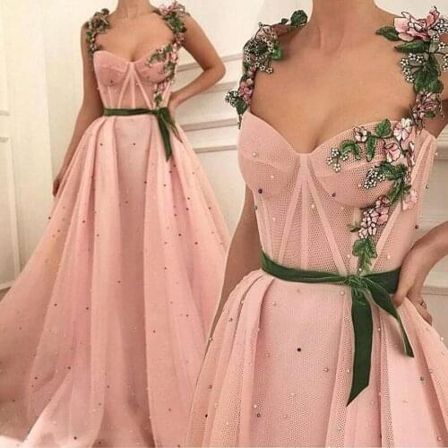 Sexy Long Evening Dresses Pink A-line Straps Green 3D Floral Matte Tulle Quinceanera Dress فساتين السهرة Вечернее Платье 2021