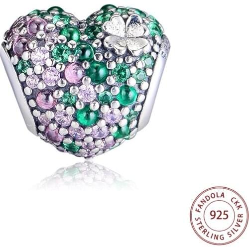 CKK 925 Sterling Silver Gleaming Lucky Clover Heart Charm Fit Original Bracelet Women Beads for Jewelry Making Bijoux
