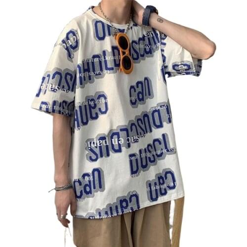 Tidal brand ins casual loose-fitting five-sleeve mens summer new trend printed short-sleeved T-shirt mens round collar top