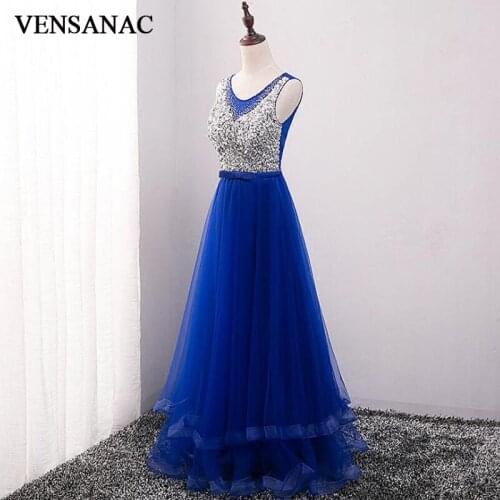 VENSANAC 2018 O Neck Bow Sash A Line Long Evening Dresses Lace Tank Crystals Sequined Backless Tulle Party Prom Gowns