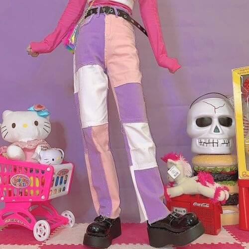 Japanese Harajuku color contrast Street pants show thin straight tube Y2K Millennium girls' versatile casual trousers