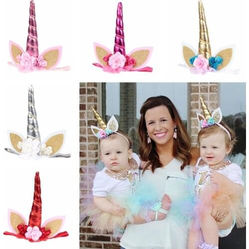 Yundlfy Cute Lace Elastic Unicorn Hair Band Flower Headband Hair Accessories Lovely Kids Crown Headwear Birthday Gift