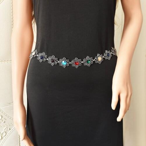 Fashion Color Big Crystal Flower Type Retro Silver Hollow Metal Waist Chain Belly Chain Female Sexy Dance Skirt Accessories