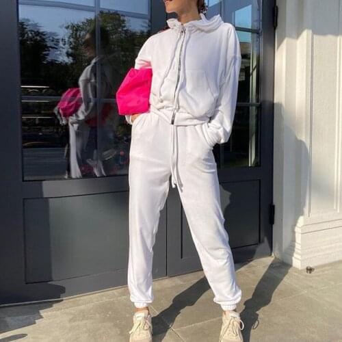 2021 Women Elegant Solid Zipper Two-Piece Long-Sleeved Hoodie Stretch Waist Pants Sportswear Female Loose Casual Suit Streetwear