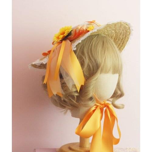 Tea Party Lolita Princess Handwork Sunflower Straw Hat Small Thing Vintage Womens Gorgeous Bow Lace Beach Cap Flat hat Headwear