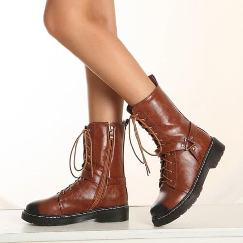 Fashion Rivet High Heels Shoes Women pu Leather Boots Winter Lace Up Woman Ankle Boots Round Toe Motorcycle Boots Female Shoes