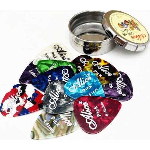 12pcs Alice Guitar Picks and 1 Metal Tin Box Accessories Acoustic Electric Mediator Guitarra Violao 0.46 0.71 0.81 0.96 mm