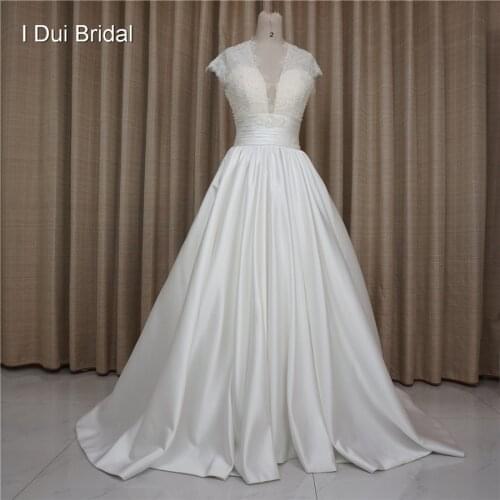 Satin Wedding Dresses with Lace Keyhole Back Short Cap Sleeve Big Volume Skirt Real Photo Custom Make ELS-ersa-atelier-20125