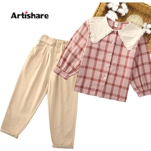 Children Clothes Plaid Pattern Tracksuits For Girls Blouse + Pants Girls Sets Clothing Spring Autumn Childrens Clothes Girl