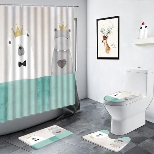 Funny Cartoon Animals White Bear Hippo Shower Curtains Nordic Style Children Bathroom Decor Non-slip Rug Toilet Bath Mats Sets