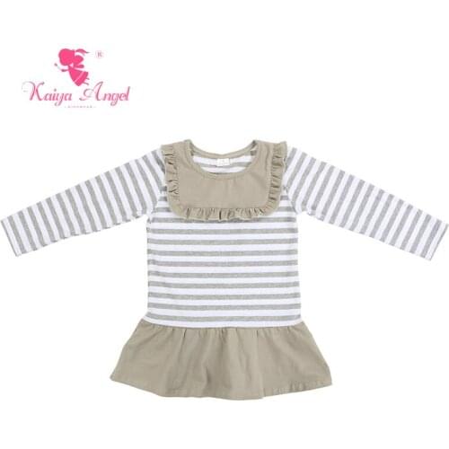 Kaiya Angel Girls Dress Long Sleeve Kid Dresses Clothes Ruffle Print Gray White stripe Dress Winter Autumn Spring Girl Dress