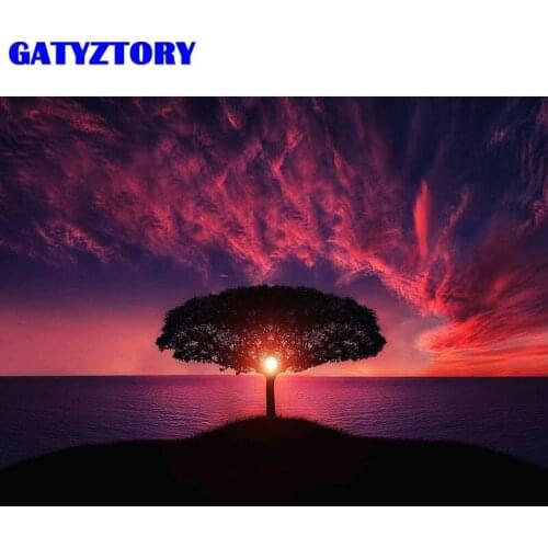 GATYZTORY Painting By Numbers Setting Sun Tree Scenery Acrylic Drawing Canvas Lake Full Set For Adults Home Decoration Gift