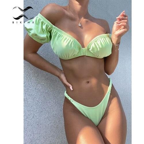 Puffed sleeve swimsuit women Solid bikinis 2021 mujer High cut bathing suit Sexy swimwear female Beach wear Bodysuits Biquini
