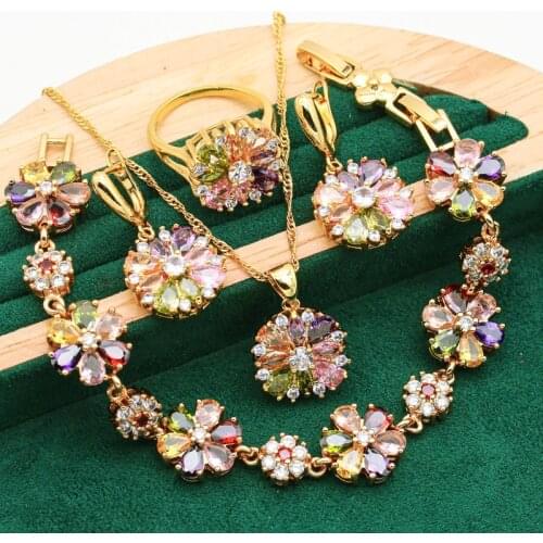 Classic 925 Silver Gold Color Jewelry Sets For Women Wedding Multicolor Zircon Bracelet Earrings Necklace Pendant Ring 4PCS