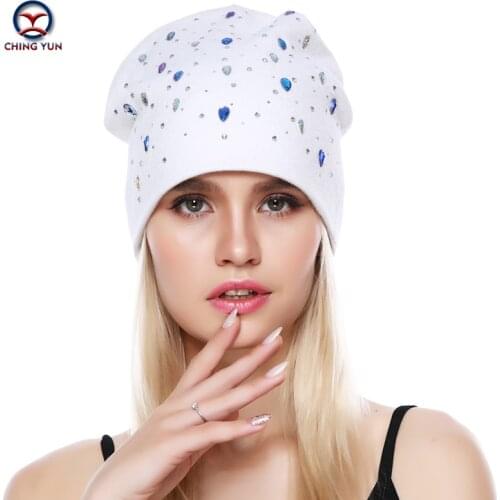 CHING YUN 2019 new Women Cashmere knit hat soft Winter Warm Gypsophila RhinestoneHigh Quality Female Solid Color Knitted Hat
