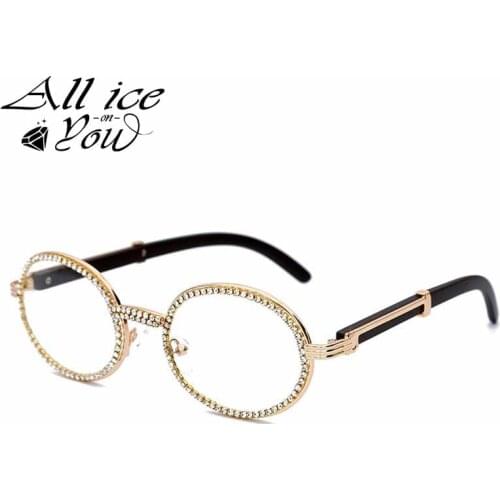 ALLICEONEYOU Vintage Round Iced Out Hip Hop Sunglasses Men New Luxury Women Oval Crystal Wood Punk Glasses Fashion Eyewear