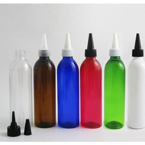 24 x 250ml Blue Red Clear Amber Plastic Dispensing Bottle with Removable Spout Cap Empty Transparent Brown Shampoo Container