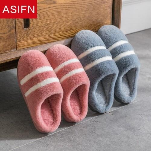 ASIFN New Arrive Winter Home Women Men Slippers Warm Classic Stripes Bedroom Non-slip Couples Flock Indoor Female Slippers