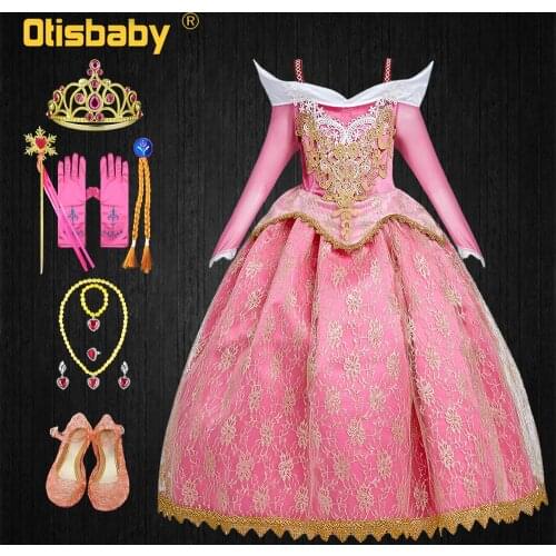 Party Luxurious Lace Dresses Girls Princess Aurora Dress Sleeping Beauty Costume Summer Flower Girl Pink Shoulderless Dresses