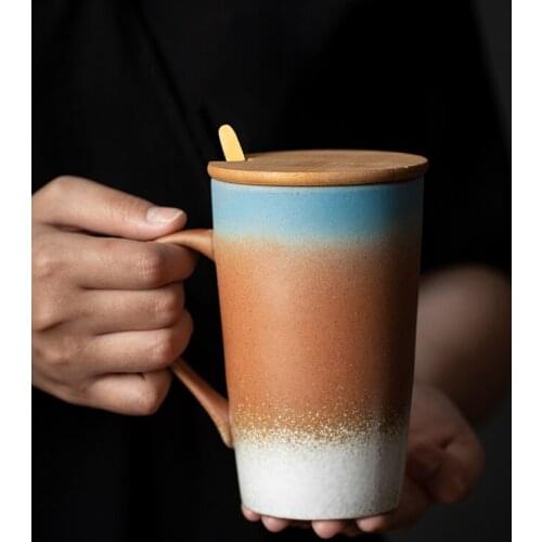 Japanese 380ml Mug Ceramic Mug with Lid and Spoon Tea Cup Retro Home Coffee Cup Creative Personality Trend Couple Cup