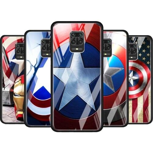 Captain America shield Marvel for Xiaomi Redmi Note 10 Pro Max 10S 9T 9S 9 8T 8 7 Pro 5G Luxury Tempered Glass Phone Case Cover