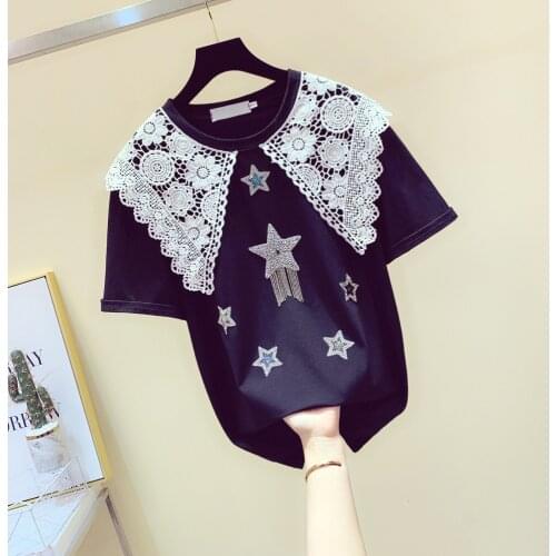 Lace patchwork beaded shine sequined women t-shirts 2020 summer new turn-down collar slim lady elegant pulls tops tees