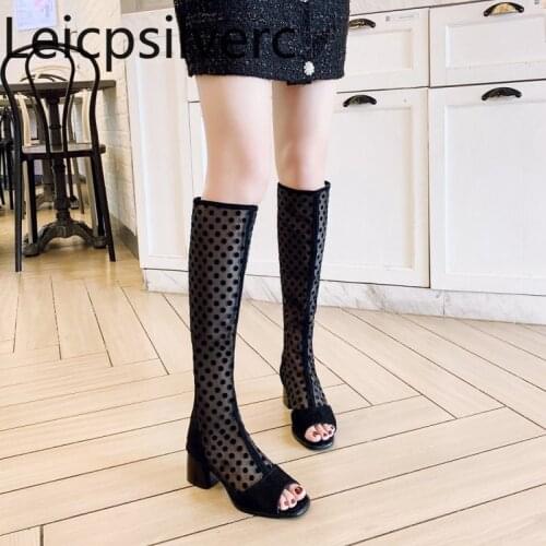 Womens Boots summer The New fashion Fish mouth Open toe Mesh zipper mid heel Thick heel High tube Womens shoes plus size 33-43