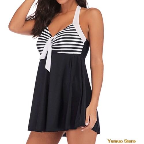 Bikiny Women Striped Swim Skirts 2021 Lady Backless Tankini Swimsuit Beachwear Padded Swimwear Stroje Kompielowe Swimwear