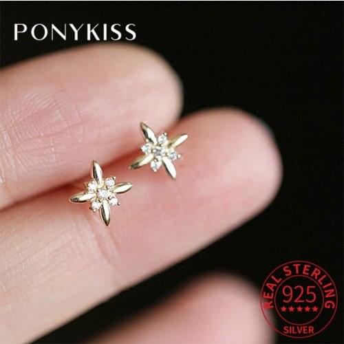 PONYKISS Trendy 925 Sterling Silver Minimalist Flower Zircon 14K Gold Stud Earrings For Women Cute Fine Jewlry Drop Shipping