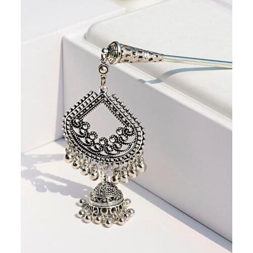 2019 Womens Ethnic Gypsy Tibet Silver Color Hairpins Indian Jewelry Vintage Bell Carved Tassel Hair Sticks Horquillas