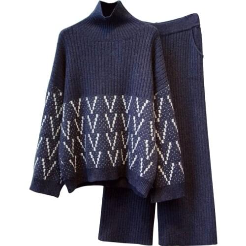Women Knit turtleneck Pant Suit Pullovers Sweaters+Wide leg Pant Two Pieces Clothing Top And Pant Sets Winter Fall Warm Suit