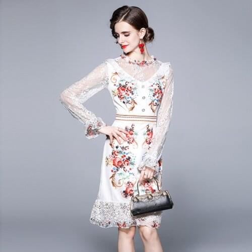 Female Lace Stitching Sweet Wood Ear Round Neck Slim Midi Dress 2021 Summer New Style Fashion Temperament Thin Vestidos 9112