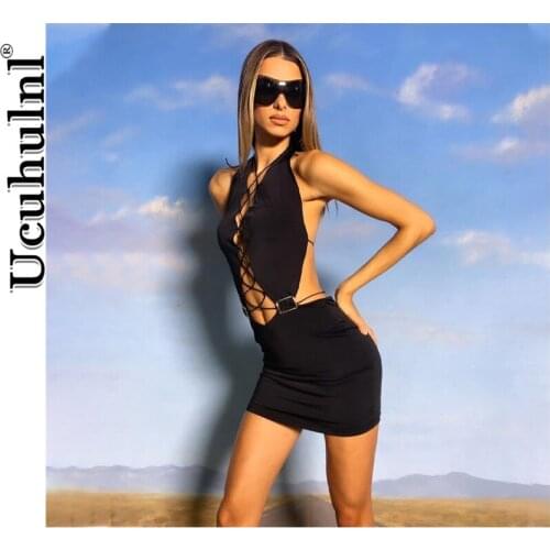 2021 Summer Clothes Festival Women Lace Up Women Halter Mini Dress Cross Bandage Backless Bodycon Sexy Patchwork Party Club