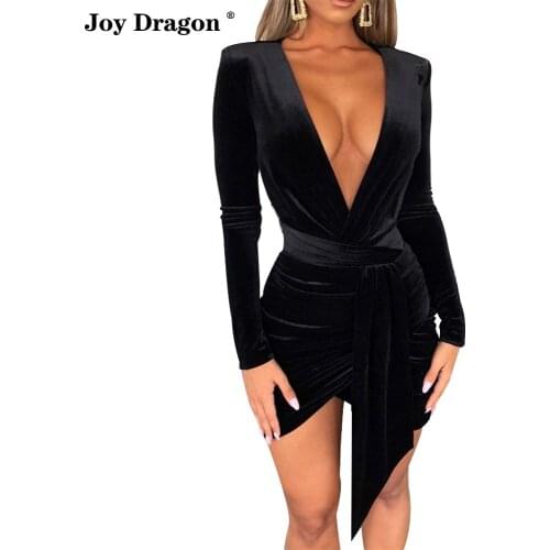 Women Bodycon Dress New Fashion Solid Deep V Neck Velvet Pack Hips Mini Dres Long Sleeve Slim with Belt Irregular Party Dresses