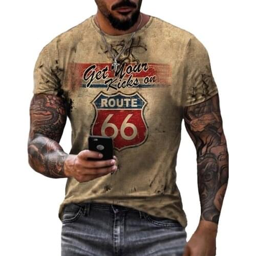 2021 Summer Mens T-Shirt Vintage European and American 66 Road Printed Short Sleeve T-Shirt Casual O Neck Quick-Drying T-Shirt