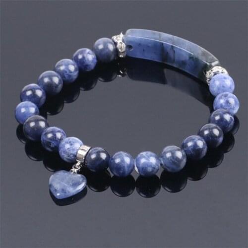 Natural Stone Sodalite Bracelets For Women Men Love Heart Blue Beads Stretch Healing Buddhist Prayer Bangles Yoga Jewelry