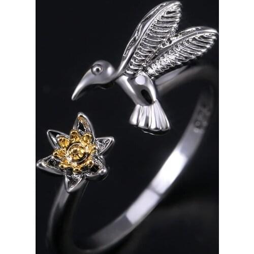 Cute Exquisite Birds Flowers Rings for Women Accessories Statement Jewelry Fashion Adjustable Silver-Color Open Women Rings Gift