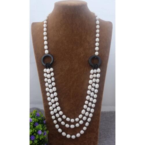 Beautiful Natural 8x11mm White Rice Pearl & Necklace 26"