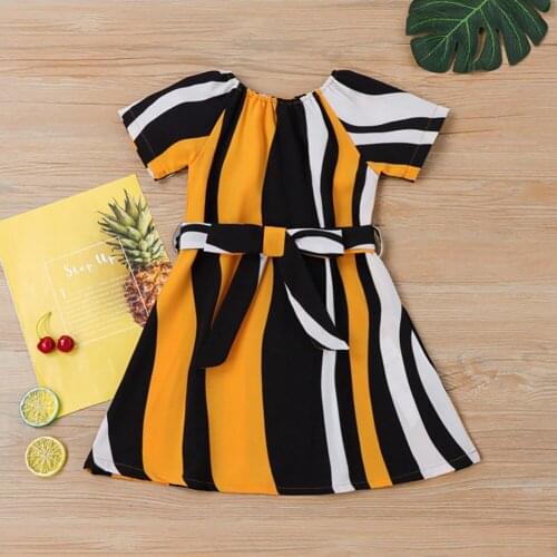 Summer Little Girls Dress Creative Mixed Color Irregular Vertical Stripes Round Collar Short Sleeve Princess Skirt With Belt