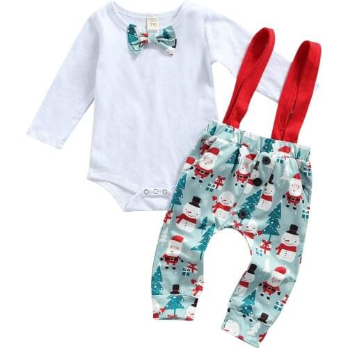 0-18M Infant Baby Boy Outfits Christmas Clothing 2Pcs Bow Tie Long Sleeve Bodysuit+Print Suspender Pants Xmas Party Suits
