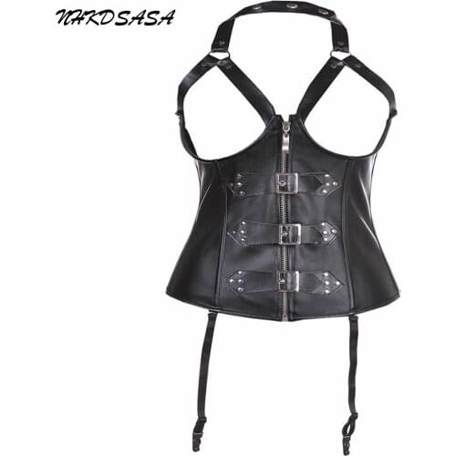 NHKDSASA 2021 Womens Lingerie Bustier Zipper Top Wetlook Faux Leather Corset Steampunk Sexy Overbust Plus Size Burlesque Corset