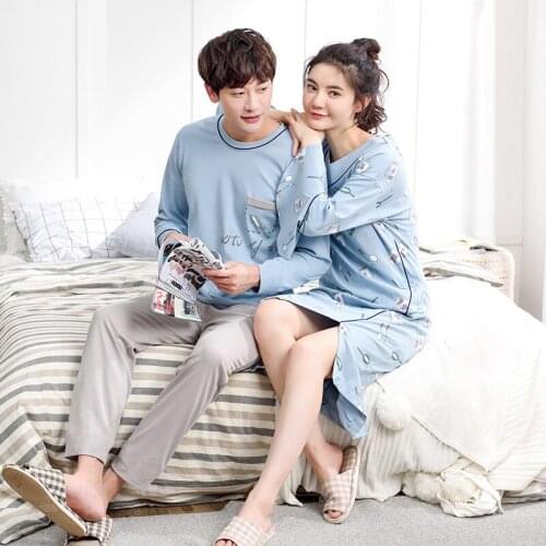 Women and men Korean spring and winter cotton female new women long nightdress sleepshirt men long sleeve trousers pajama sets