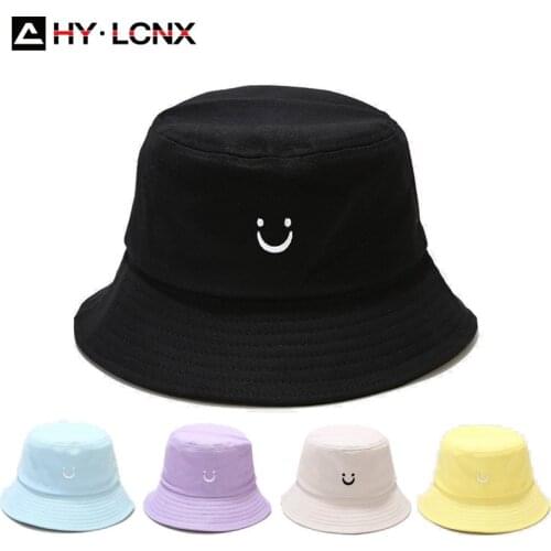 Spring Summer New Student Smiley Face Embroidery Womens Bucket Hat Mens Outdoor Sports Cotton Breathable Sun Fisherman Hat