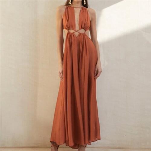 WJFZQM Women Halter spaghetti strap dress Summer Boho Party Beach Sleeveless Dresses Ladies Hollow Out Long Maxi Dress Sundres