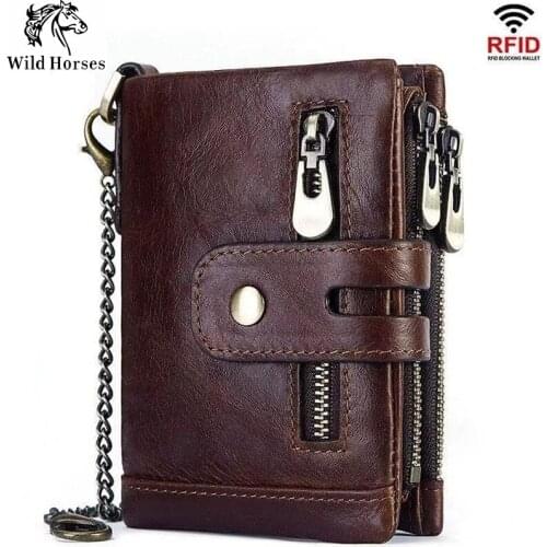 Popular RFID Anti-theft Money Brush Bag Vertical First Layer Wax Cowhide Multifunctional Double Zip Mens Leather Wallet