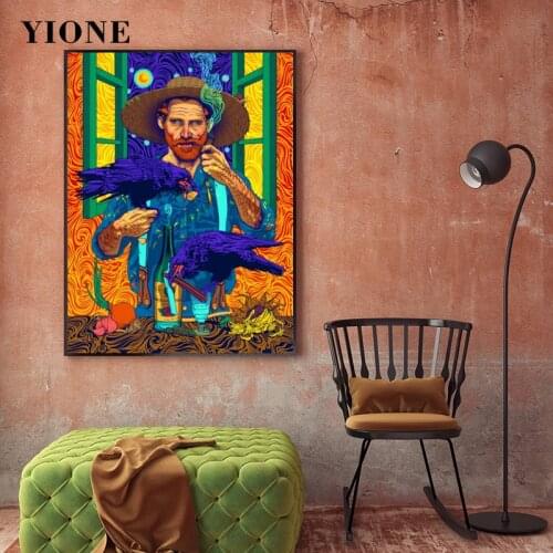 Van Gogh with Bird Art Canvas Poster Custom Abstract Figure Oil Painting Prints Wall Picture for Living Room Bedroom Home Decor
