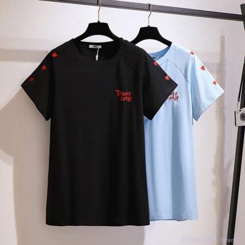 Big size embroidered love short-sleeved shirt loose thin bottoming shirt summer new plus fat plus size t-shirt female 6xl