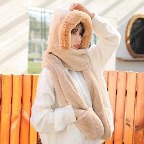 Scarf Gloves Hat for Women Girls 3 in 1 Set Fleece Winter Super Warm Plus Hoodie Hooded Pompom Cute Czapka Zimowa Gorro Ring